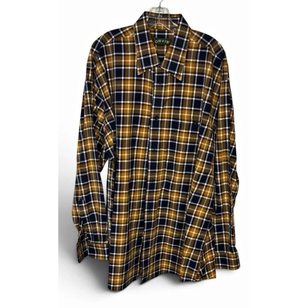 Orvis Mens 2XL Big & Tall Plaid Button Down Shirt Long Sleeve Navy Brown Gold